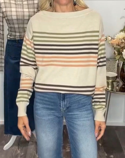 MULTI STRIPE BOAT NECK SWEATER