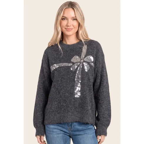 SEQUIN BOW ACCENT SWEATER